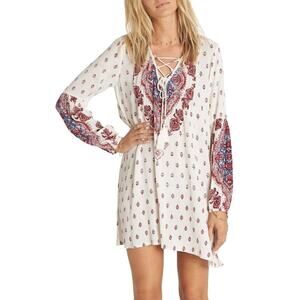Billabong Boho Lace-Up Tunic Dress Cream Red Blue | Size Small